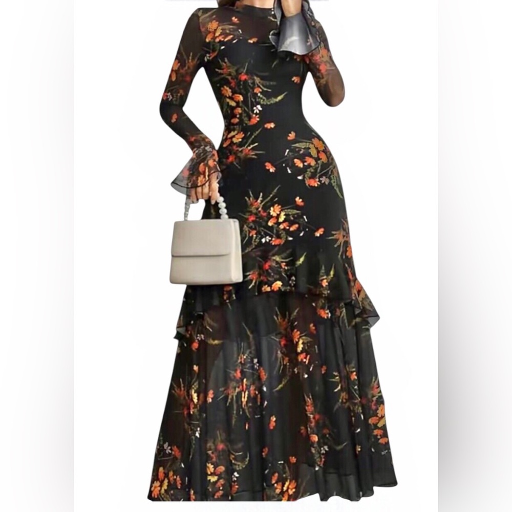 Black Floral Long Sleeve Maxi Dress - Elegant Tiered Silhouette
